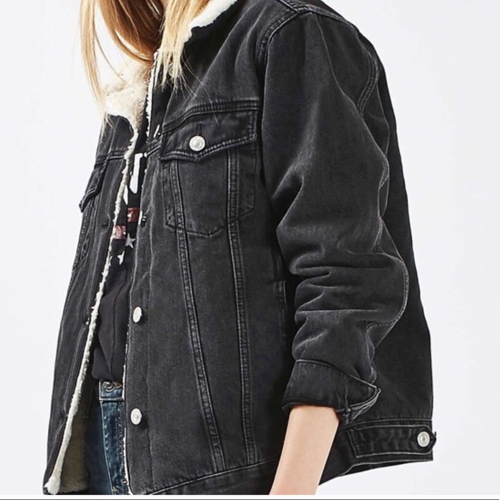 H&M MOTO black fur lined denim jacket petite